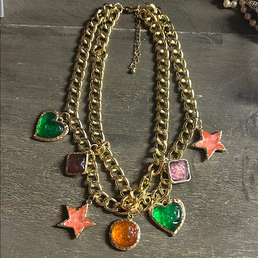 Chunky Gold Layered Charm Necklace with Multicolor‎ “Jelly” Charms - 17”